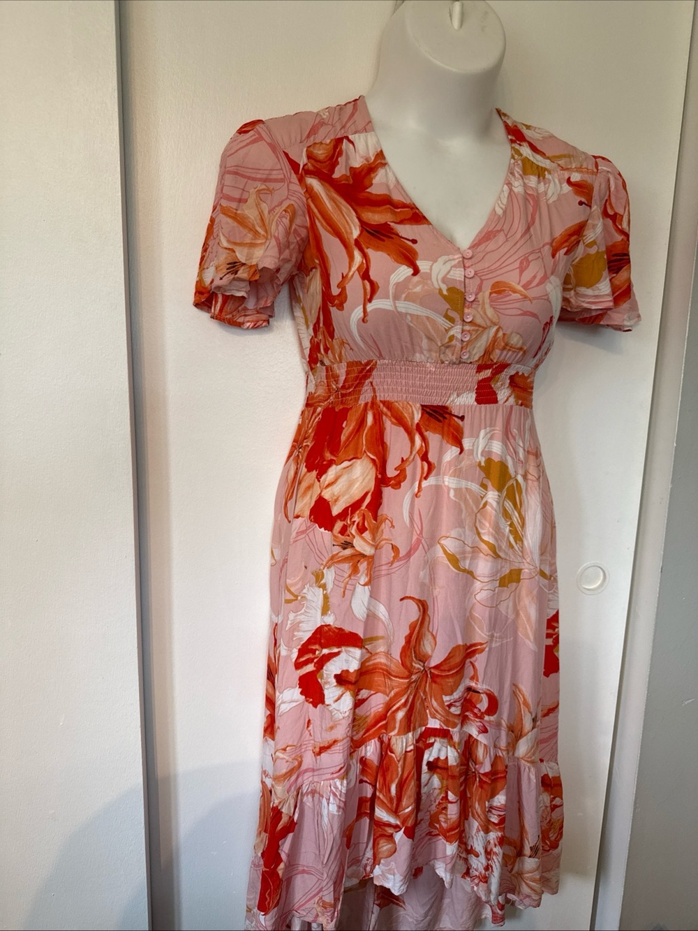 Abel The Label Floral Midi Dress in Pink and Red Size Small